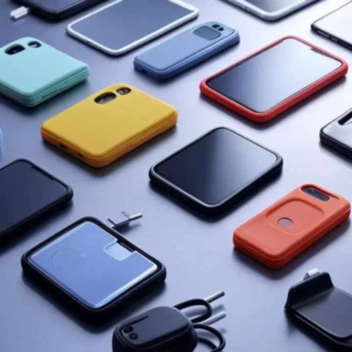 Wyświetlone na stole smartfony z nowoczesnymi etui i akcesoriami z kolekcji Phone Device PL.