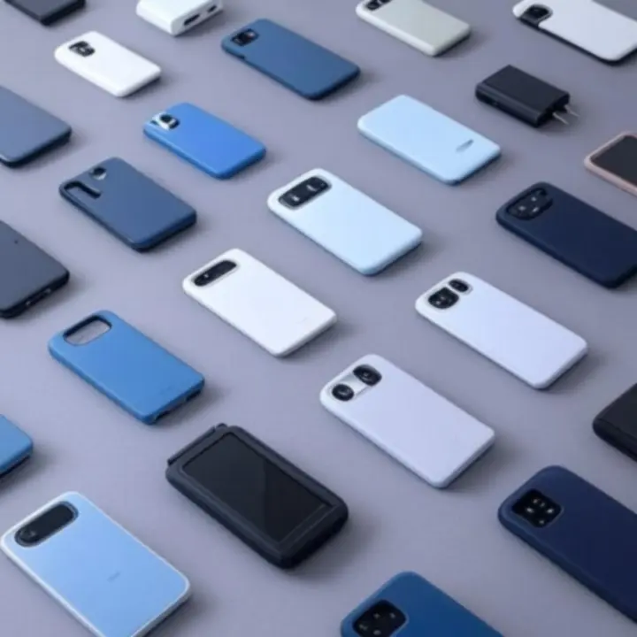 Nowoczesny wybór akcesoriów do telefonów na ciemnym, technologicznym tle.
