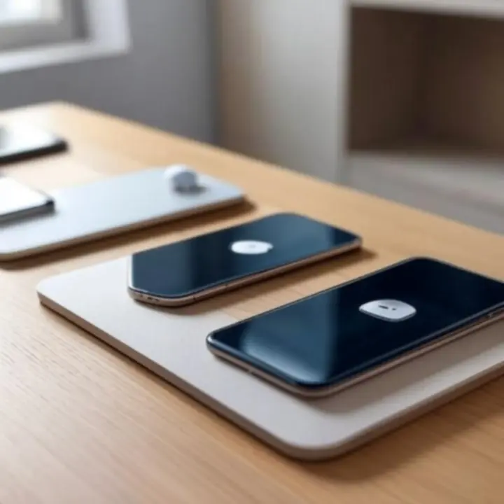 Bezprzewodowe ładowarki i słuchawki na stole w nowoczesnym, technologicznym otoczeniu.